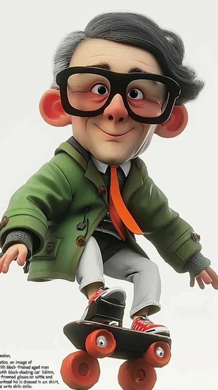blind box, ip image, full body, chibi,Cartoon doll, q-version,  wrinkles on one's forehead，middle aged man riding a roller kating car,  with black hair, black framed glasses,  smile ,  green coat, white shirt, orange tie, white pants, red shoes,  an orange roller skating car，white background, natural light,  super detail, 3D, C4D, Blender, OC renderer, ultra-high definition, 3D rendering - style2部分