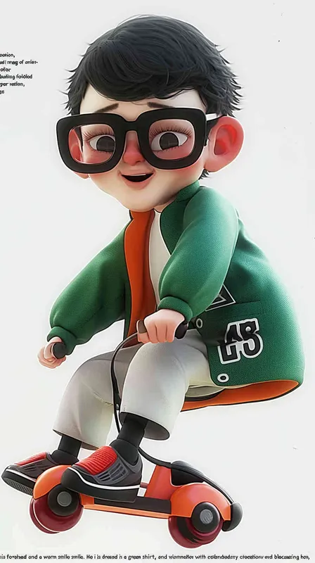 blind box, ip image, full body, chibi,Cartoon doll, q-version,  wrinkles on one's forehead，middle aged man riding a roller kating car,  with black hair, black framed glasses,  smile ,  green coat, white shirt, orange tie, white pants, red shoes,  an orange roller skating car，white background, natural light,  super detail, 3D, C4D, Blender, OC renderer, ultra-high definition, 3D rendering - style3部分