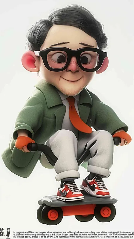 blind box, ip image, full body, chibi,Cartoon doll, q-version,  wrinkles on one's forehead，middle aged man riding a roller kating car,  with black hair, black framed glasses,  smile ,  green coat, white shirt, orange tie, white pants, red shoes,  an orange roller skating car，white background, natural light,  super detail, 3D, C4D, Blender, OC renderer, ultra-high definition, 3D rendering - style4部分