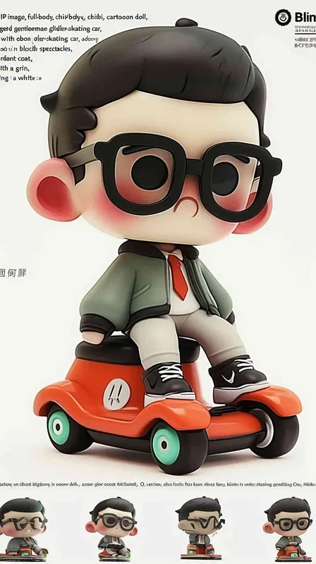 blind box, ip image, full body, chibi,Cartoon doll, q-version,  wrinkles on one's forehead，middle aged man riding a roller kating car,  with black hair, black framed glasses,  smile ,  green coat, white shirt, orange tie, white pants, red shoes,  an orange roller skating car，white background, natural light,  super detail, 3D, C4D, Blender, OC renderer, ultra-high definition, 3D rendering - style1部分