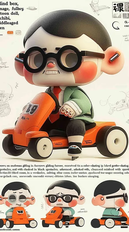 blind box, ip image, full body, chibi,Cartoon doll, q-version,  wrinkles on one's forehead，middle aged man riding a roller kating car,  with black hair, black framed glasses,  smile ,  green coat, white shirt, orange tie, white pants, red shoes,  an orange roller skating car，white background, natural light,  super detail, 3D, C4D, Blender, OC renderer, ultra-high definition, 3D rendering - style2部分