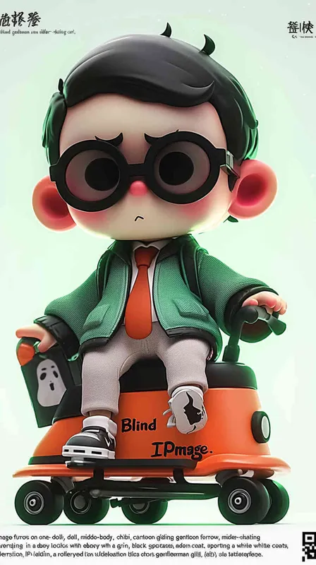 blind box, ip image, full body, chibi,Cartoon doll, q-version,  wrinkles on one's forehead，middle aged man riding a roller kating car,  with black hair, black framed glasses,  smile ,  green coat, white shirt, orange tie, white pants, red shoes,  an orange roller skating car，white background, natural light,  super detail, 3D, C4D, Blender, OC renderer, ultra-high definition, 3D rendering - style3部分