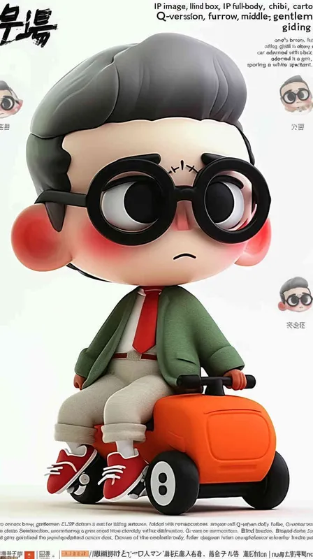 blind box, ip image, full body, chibi,Cartoon doll, q-version,  wrinkles on one's forehead，middle aged man riding a roller kating car,  with black hair, black framed glasses,  smile ,  green coat, white shirt, orange tie, white pants, red shoes,  an orange roller skating car，white background, natural light,  super detail, 3D, C4D, Blender, OC renderer, ultra-high definition, 3D rendering - style4部分