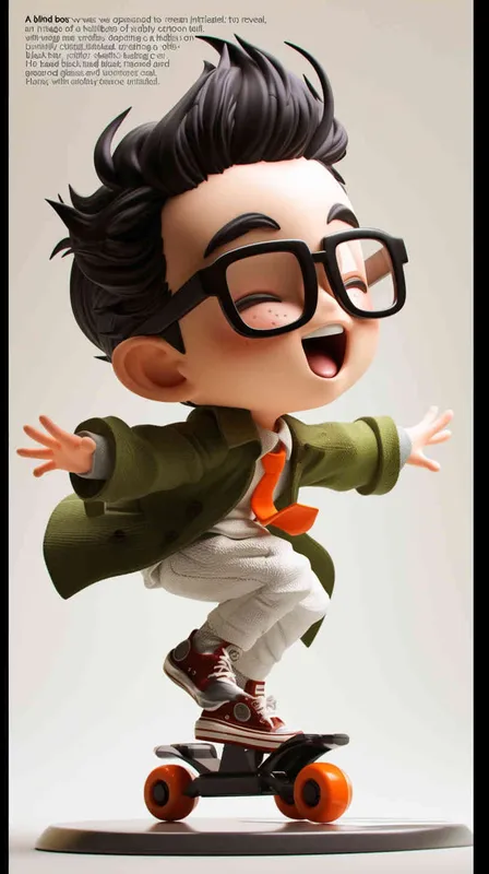 blind box, ip image, full body, chibi,Cartoon doll, q-version,  wrinkles on one's forehead，middle aged man riding a roller kating car,  with black hair, black framed glasses,  smile ,  green coat, white shirt, orange tie, white pants, red shoes,  an orange roller skating car，white background, natural light,  super detail, 3D, C4D, Blender, OC renderer, ultra-high definition, 3D rendering - style1部分