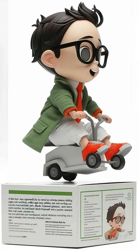 blind box, ip image, full body, chibi,Cartoon doll, q-version,  wrinkles on one's forehead，middle aged man riding a roller kating car,  with black hair, black framed glasses,  smile ,  green coat, white shirt, orange tie, white pants, red shoes,  an orange roller skating car，white background, natural light,  super detail, 3D, C4D, Blender, OC renderer, ultra-high definition, 3D rendering - style2部分