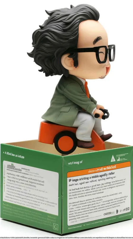 blind box, ip image, full body, chibi,Cartoon doll, q-version,  wrinkles on one's forehead，middle aged man riding a roller kating car,  with black hair, black framed glasses,  smile ,  green coat, white shirt, orange tie, white pants, red shoes,  an orange roller skating car，white background, natural light,  super detail, 3D, C4D, Blender, OC renderer, ultra-high definition, 3D rendering - style4部分