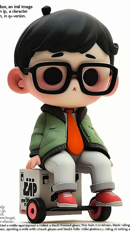 blind box, ip image, full body, chibi,Cartoon doll, q-version,  wrinkles on one's forehead，middle aged man riding a roller kating car,  with black hair, black framed glasses,  smile ,  green coat, white shirt, orange tie, white pants, red shoes,  an orange roller skating car，white background, natural light,  super detail, 3D, C4D, Blender, OC renderer, ultra-high definition, 3D rendering - style1部分