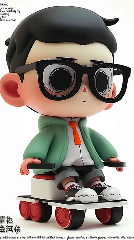 blind box, ip image, full body, chibi,Cartoon doll, q-version,  wrinkles on one's forehead，middle aged man riding a roller kating car,  with black hair, black framed glasses,  smile ,  green coat, white shirt, orange tie, white pants, red shoes,  an orange roller skating car，white background, natural light,  super detail, 3D, C4D, Blender, OC renderer, ultra-high definition, 3D rendering - style2部分