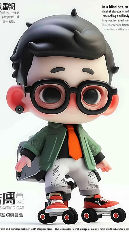 blind box, ip image, full body, chibi,Cartoon doll, q-version,  wrinkles on one's forehead，middle aged man riding a roller kating car,  with black hair, black framed glasses,  smile ,  green coat, white shirt, orange tie, white pants, red shoes,  an orange roller skating car，white background, natural light,  super detail, 3D, C4D, Blender, OC renderer, ultra-high definition, 3D rendering - style4部分