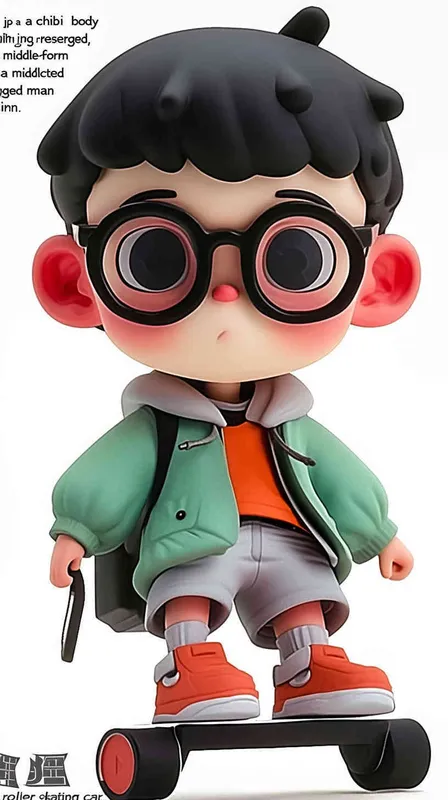 blind box, ip image, full body, chibi,Cartoon doll, q-version,  wrinkles on one's forehead，middle aged man riding a roller kating car,  with black hair, black framed glasses,  smile ,  green coat, white shirt, orange tie, white pants, red shoes,  an orange roller skating car，white background, natural light,  super detail, 3D, C4D, Blender, OC renderer, ultra-high definition, 3D rendering - style1部分