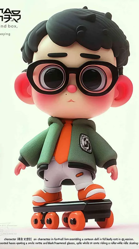 blind box, ip image, full body, chibi,Cartoon doll, q-version,  wrinkles on one's forehead，middle aged man riding a roller kating car,  with black hair, black framed glasses,  smile ,  green coat, white shirt, orange tie, white pants, red shoes,  an orange roller skating car，white background, natural light,  super detail, 3D, C4D, Blender, OC renderer, ultra-high definition, 3D rendering - style2部分