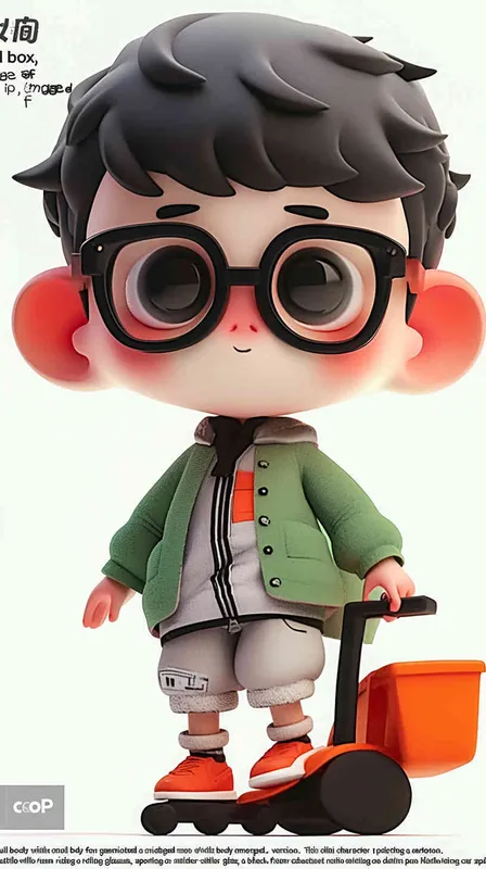 blind box, ip image, full body, chibi,Cartoon doll, q-version,  wrinkles on one's forehead，middle aged man riding a roller kating car,  with black hair, black framed glasses,  smile ,  green coat, white shirt, orange tie, white pants, red shoes,  an orange roller skating car，white background, natural light,  super detail, 3D, C4D, Blender, OC renderer, ultra-high definition, 3D rendering - style3部分