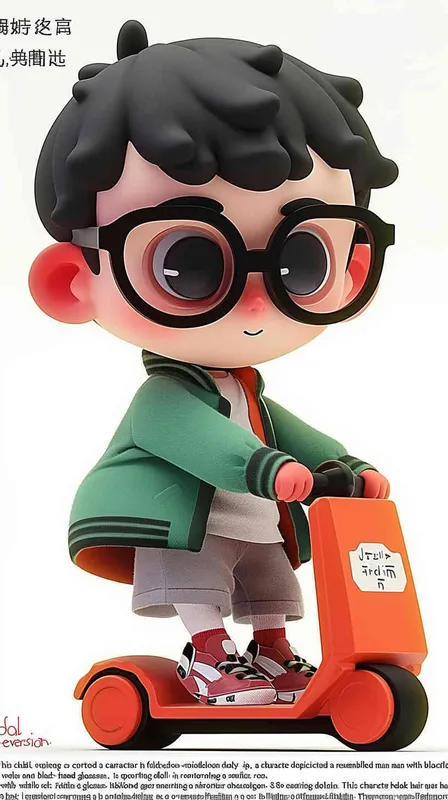 blind box, ip image, full body, chibi,Cartoon doll, q-version,  wrinkles on one's forehead，middle aged man riding a roller kating car,  with black hair, black framed glasses,  smile ,  green coat, white shirt, orange tie, white pants, red shoes,  an orange roller skating car，white background, natural light,  super detail, 3D, C4D, Blender, OC renderer, ultra-high definition, 3D rendering - style1部分