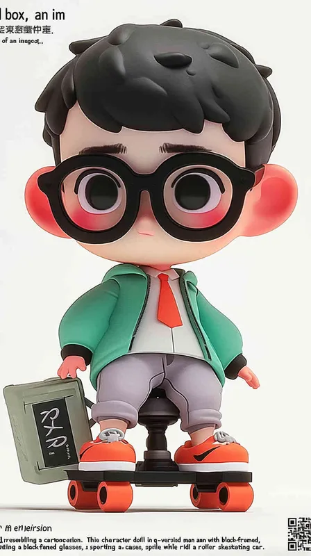 blind box, ip image, full body, chibi,Cartoon doll, q-version,  wrinkles on one's forehead，middle aged man riding a roller kating car,  with black hair, black framed glasses,  smile ,  green coat, white shirt, orange tie, white pants, red shoes,  an orange roller skating car，white background, natural light,  super detail, 3D, C4D, Blender, OC renderer, ultra-high definition, 3D rendering - style4部分