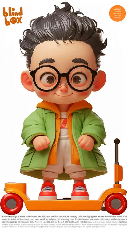 blind box, ip image, full body, chibi,Cartoon doll, q-version,  wrinkles on one's forehead，middle aged man riding a roller kating car,  with black hair, black framed glasses,  smile ,  green coat, white shirt, orange tie, white pants, red shoes,  an orange roller skating car，white background, natural light,  super detail, 3D, C4D, Blender, OC renderer, ultra-high definition, 3D rendering - style2部分