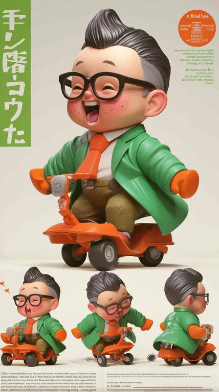 blind box, ip image, full body, chibi,Cartoon doll, q-version,  wrinkles on one's forehead，middle aged man riding a roller kating car,  with black hair, black framed glasses,  smile ,  green coat, white shirt, orange tie, white pants, red shoes,  an orange roller skating car，white background, natural light,  super detail, 3D, C4D, Blender, OC renderer, ultra-high definition, 3D rendering - style3部分