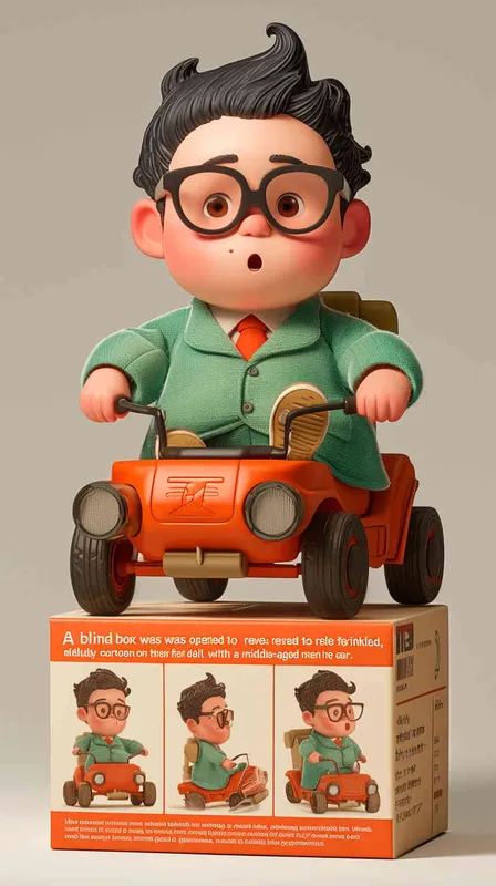blind box, ip image, full body, chibi,Cartoon doll, q-version,  wrinkles on one's forehead，middle aged man riding a roller kating car,  with black hair, black framed glasses,  smile ,  green coat, white shirt, orange tie, white pants, red shoes,  an orange roller skating car，white background, natural light,  super detail, 3D, C4D, Blender, OC renderer, ultra-high definition, 3D rendering - style2部分