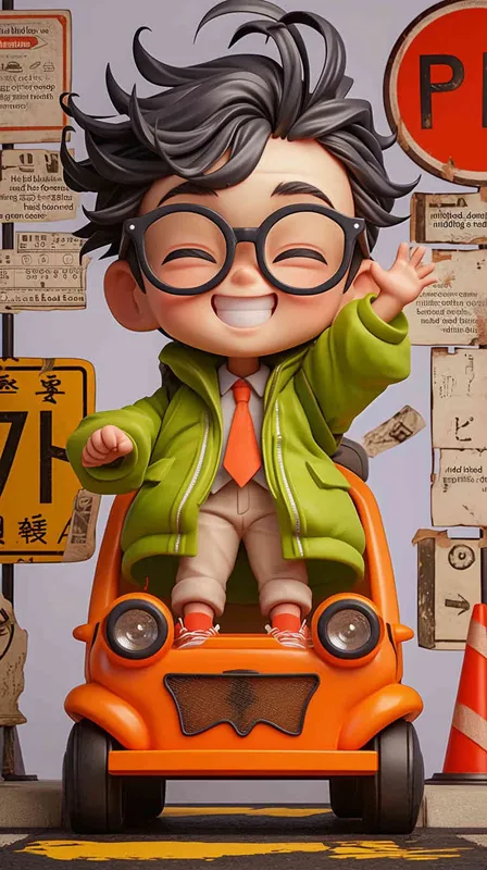 blind box, ip image, full body, chibi,Cartoon doll, q-version,  wrinkles on one's forehead，middle aged man riding a roller kating car,  with black hair, black framed glasses,  smile ,  green coat, white shirt, orange tie, white pants, red shoes,  an orange roller skating car，white background, natural light,  super detail, 3D, C4D, Blender, OC renderer, ultra-high definition, 3D rendering - style3部分