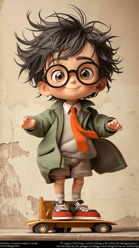 blind box, ip image, full body, chibi,Cartoon doll, q-version,  wrinkles on one's forehead，middle aged man riding a roller kating car,  with black hair, black framed glasses,  smile ,  green coat, white shirt, orange tie, white pants, red shoes,  an orange roller skating car，white background, natural light,  super detail, 3D, C4D, Blender, OC renderer, ultra-high definition, 3D rendering - style4部分