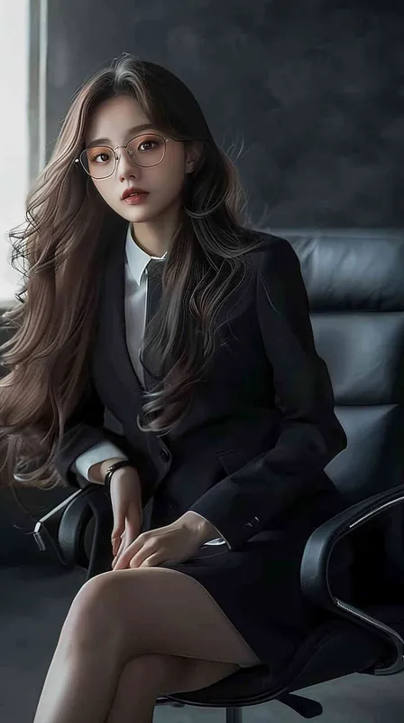 A beautiful Chinese girl with long hair, wearing glasses and a black suit skirt sitting in an office chair has a half body portrait on the side of her face, with long legs in the style of anime. It is a real person photo masterpiece. –ar 4:3 – AI绘画作品展示 | Midjourney中文版生成
