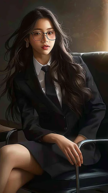 A beautiful Chinese girl with long hair, wearing glasses and a black suit skirt sitting in an office chair has a half body portrait on the side of her face, with long legs in the style of anime. It is a real person photo masterpiece. --ar 4:3 - style2部分