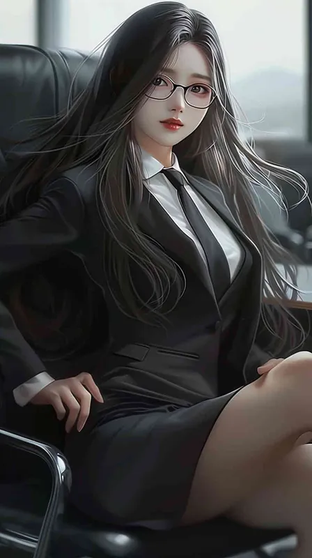 A beautiful Chinese girl with long hair, wearing glasses and a black suit skirt sitting in an office chair has a half body portrait on the side of her face, with long legs in the style of anime. It is a real person photo masterpiece. --ar 4:3 - style3部分