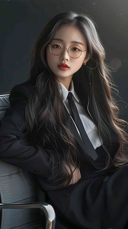 A beautiful Chinese girl with long hair, wearing glasses and a black suit skirt sitting in an office chair has a half body portrait on the side of her face, with long legs in the style of anime. It is a real person photo masterpiece. --ar 4:3 - style4部分