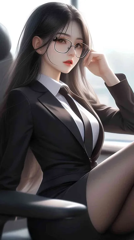 A beautiful Chinese girl with long hair, wearing glasses and a black suit skirt sitting in an office chair has a half body portrait on the side of her face, with long legs in the style of anime. It is a real person photo masterpiece. --ar 4:3  - style1部分