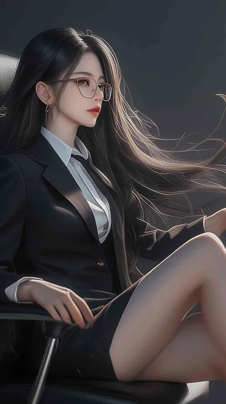 A beautiful Chinese girl with long hair, wearing glasses and a black suit skirt sitting in an office chair has a half body portrait on the side of her face, with long legs in the style of anime. It is a real person photo masterpiece. --ar 4:3  - style2部分