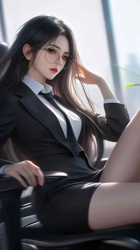 A beautiful Chinese girl with long hair, wearing glasses and a black suit skirt sitting in an office chair has a half body portrait on the side of her face, with long legs in the style of anime. It is a real person photo masterpiece. --ar 4:3  - style3部分