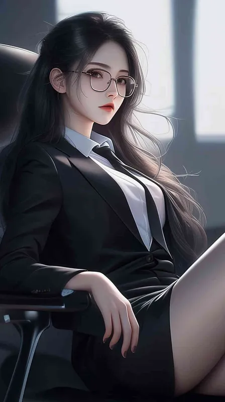A beautiful Chinese girl with long hair, wearing glasses and a black suit skirt sitting in an office chair has a half body portrait on the side of her face, with long legs in the style of anime. It is a real person photo masterpiece. --ar 4:3  - style4部分