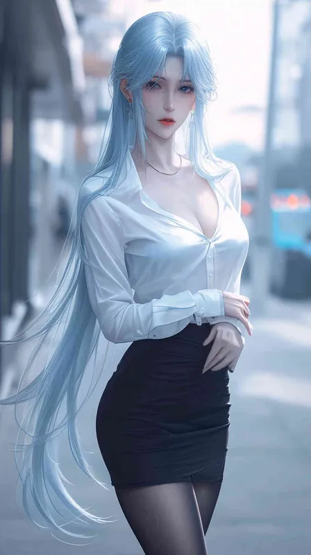 A beautiful Chinese girl with light blue long hair, wearing a white shirt and a black short skirt, standing on the street with big long legs in an anime style. This is a masterpiece of real-life photos. - style2部分