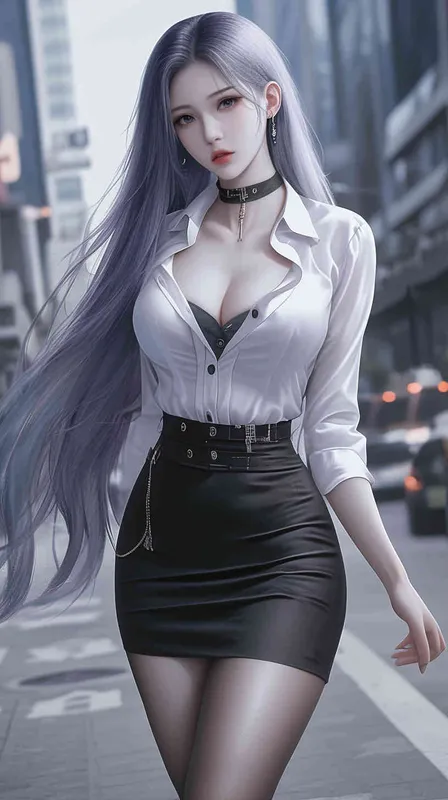 A beautiful Chinese girl with light blue long hair, wearing a white shirt and a black short skirt, standing on the street with big long legs in an anime style. This is a masterpiece of real-life photos. - style4部分