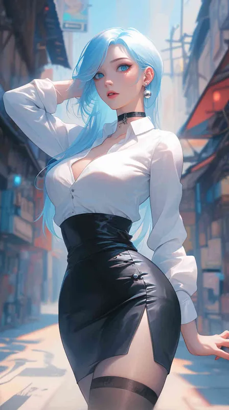 A beautiful Chinese girl with light blue long hair, wearing a white shirt and a black short skirt, standing on the street with big long legs in an anime style. This is a masterpiece of real-life photos. - style2部分
