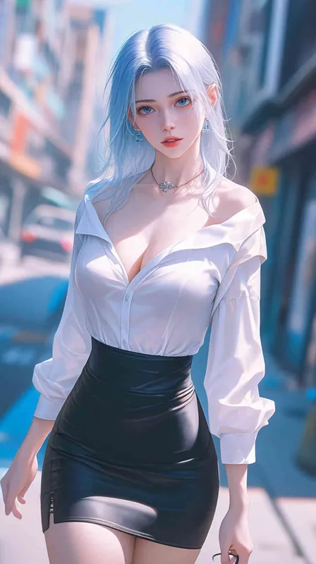 A beautiful Chinese girl with light blue long hair, wearing a white shirt and a black short skirt, standing on the street with big long legs in an anime style. This is a masterpiece of real-life photos. - style3部分