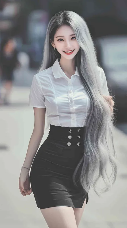 一位微笑的美丽中国女孩，留着浅蓝色的长发，穿着白色的扣紧衣领的衬衫，穿着黑色短裙，站在街道，大长腿有动漫的风格。这是一部真人照片杰作。8k,高清。 - style1部分