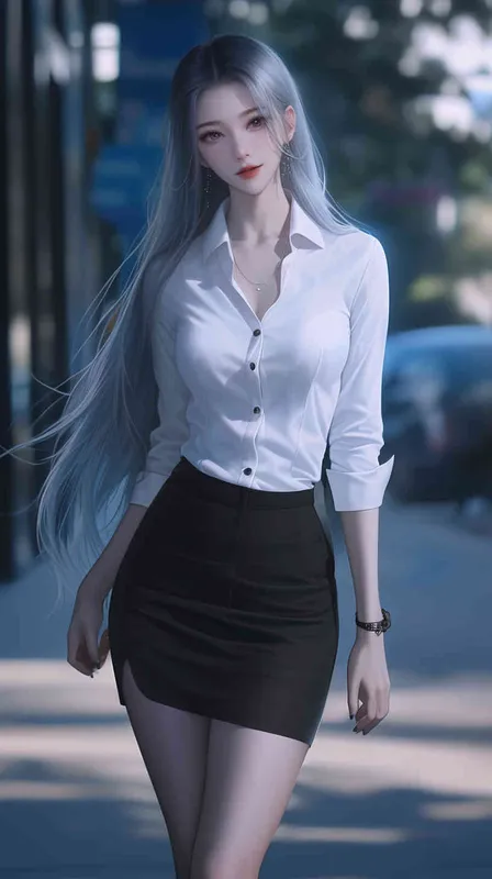 一位微笑的美丽中国女孩，留着浅蓝色的长发，穿着白色的扣紧衣领的衬衫，穿着黑色短裙，站在街道，大长腿有动漫的风格。这是一部真人照片杰作。8k,高清。 - style2部分