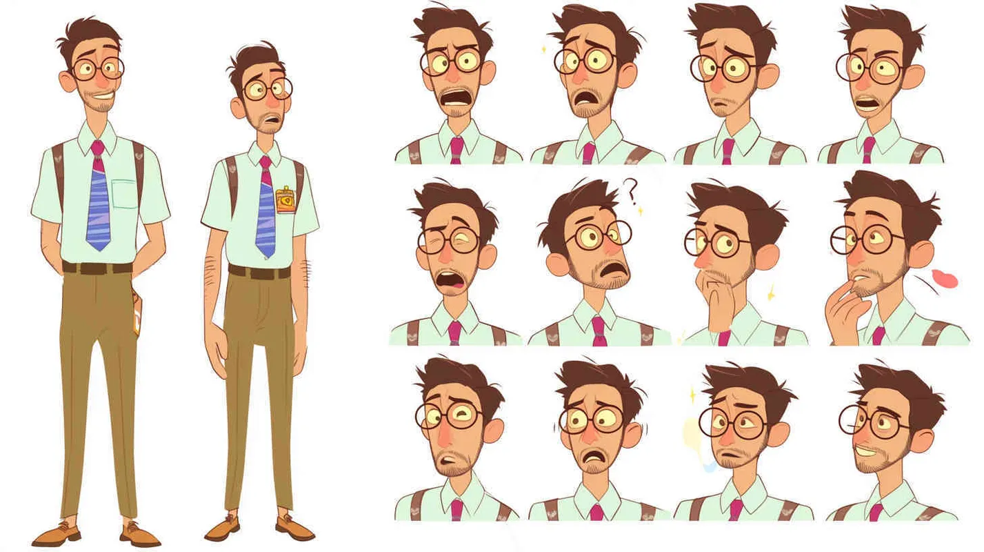 Pixar style, Disney Style, 3D design, C4D modeling,A 30-year-old male with an average build, slightly lean but possessing a brave heart. He has short, dark brown hair with a small patch of beard. His large eyes convey a sense of curiosity and enthusiasm. He wears round glasses, giving him a bit of a nerdy appearance. He prefers to dress in clean-cut shirts, ties, and trousers, but they always seem slightly disheveled.,white background，character sheet , different expressions and poses，Bright Colors, LivelyAtmosphere, Blender, OC Renderer, High Detail, High Quality - style1部分