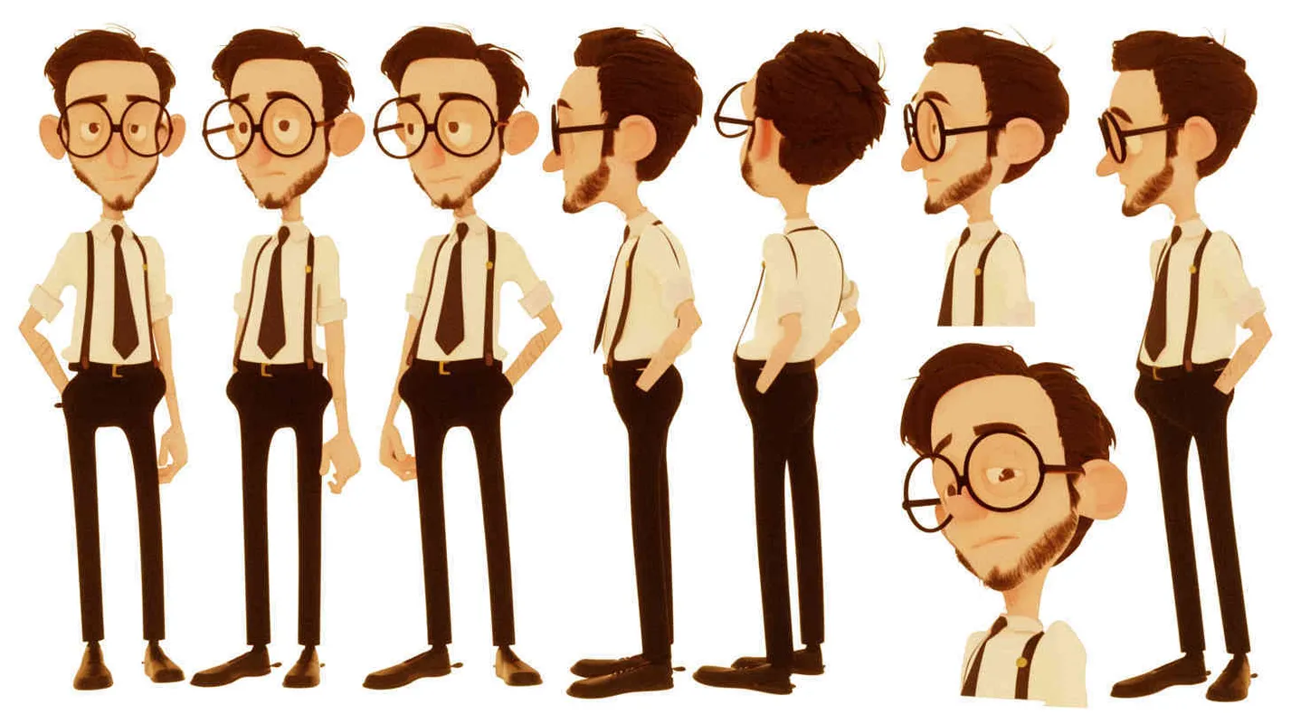 Pixar style, Disney Style, 3D design, C4D modeling,A 30-year-old male with an average build, slightly lean but possessing a brave heart. He has short, dark brown hair with a small patch of beard. His large eyes convey a sense of curiosity and enthusiasm. He wears round glasses, giving him a bit of a nerdy appearance. He prefers to dress in clean-cut shirts, ties, and trousers, but they always seem slightly disheveled.,white background，character sheet , different expressions and poses，Bright Colors, LivelyAtmosphere, Blender, OC Renderer, High Detail, High Quality - style2部分