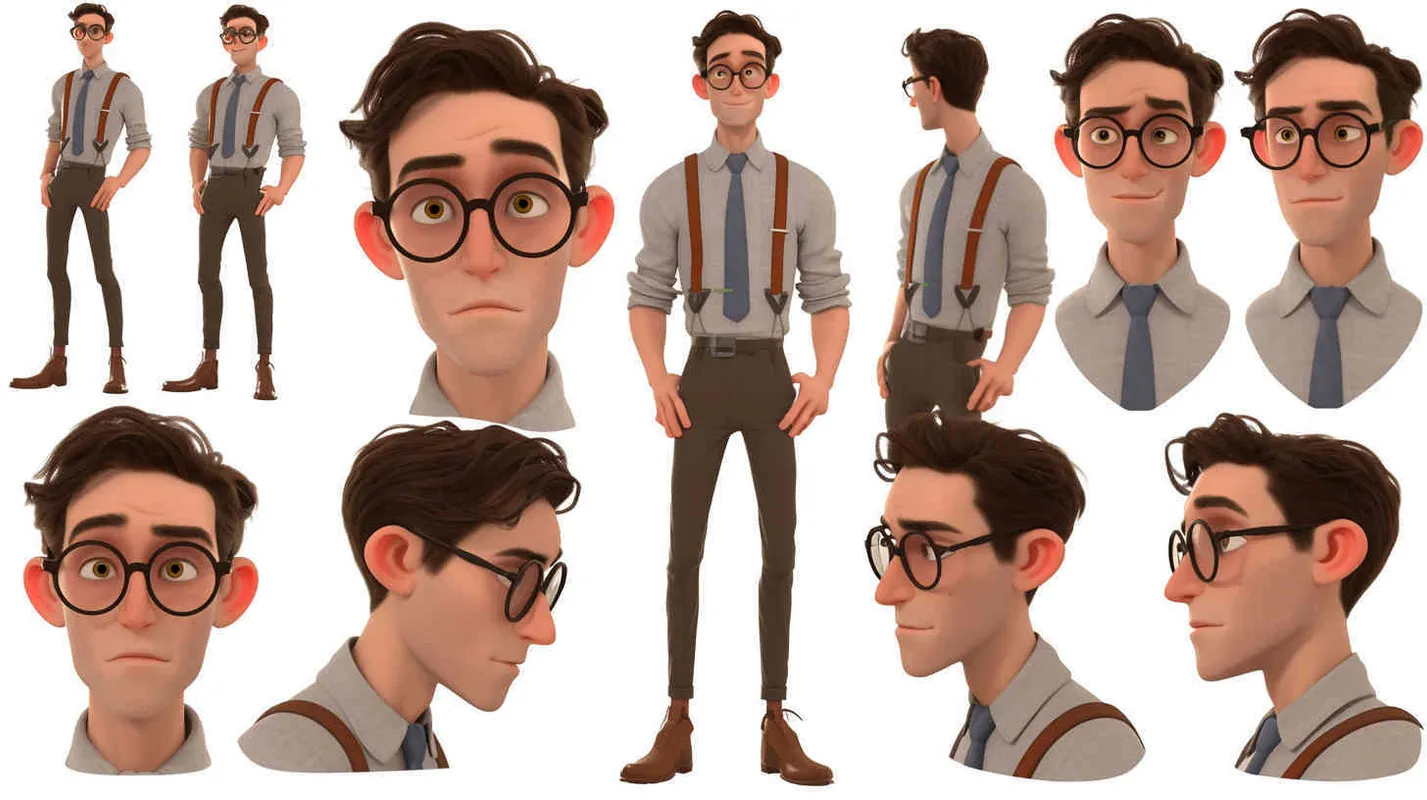 Pixar style, Disney Style, 3D design, C4D modeling,A 30-year-old male with an average build, slightly lean but possessing a brave heart. He has short, dark brown hair with a small patch of beard. His large eyes convey a sense of curiosity and enthusiasm. He wears round glasses, giving him a bit of a nerdy appearance. He prefers to dress in clean-cut shirts, ties, and trousers, but they always seem slightly disheveled.,white background，character sheet , different expressions and poses，Bright Colors, LivelyAtmosphere, Blender, OC Renderer, High Detail, High Quality - style3部分