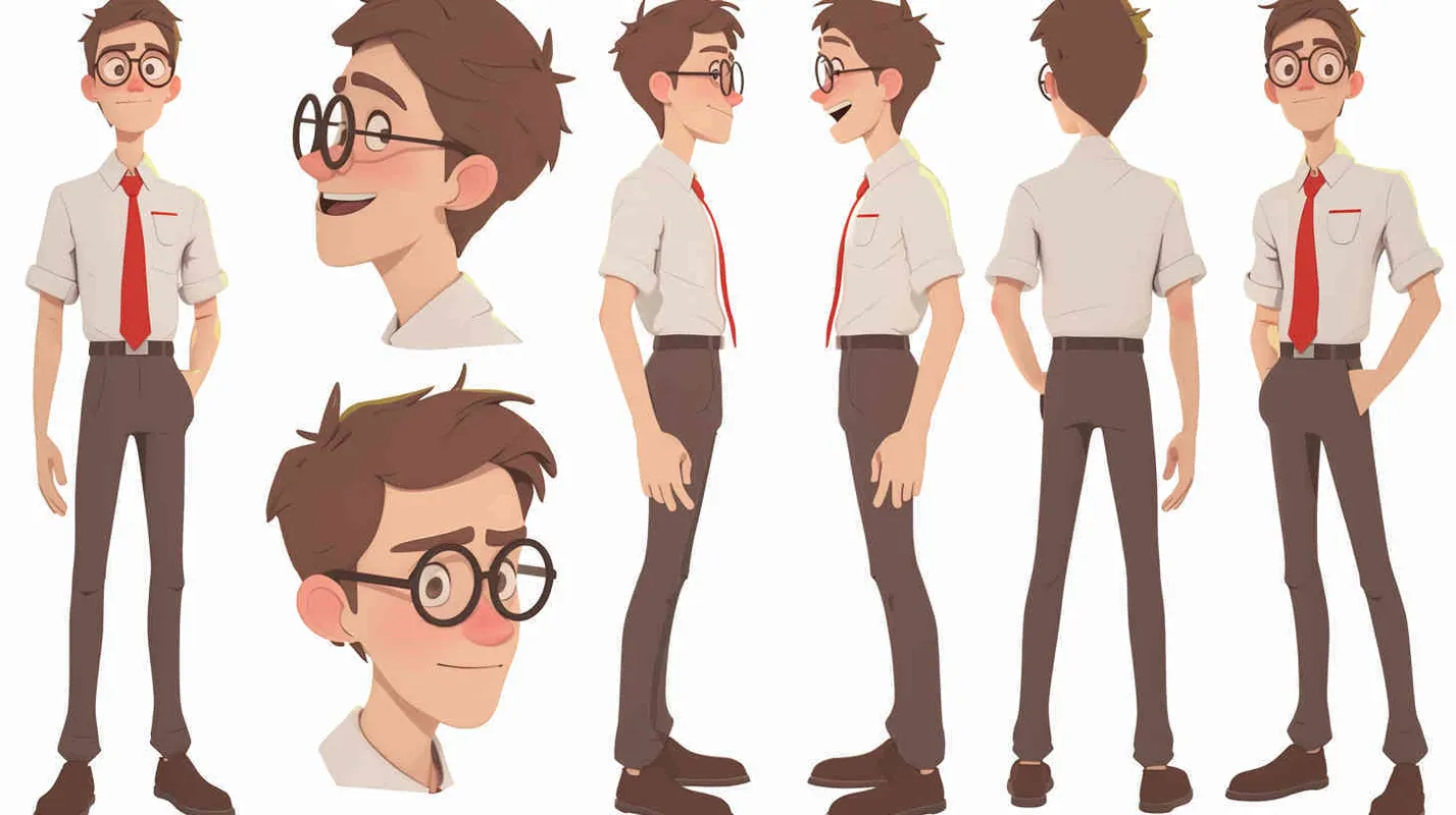 Pixar style, Disney Style, 3D design, C4D modeling,A 30-year-old male with an average build, slightly lean but possessing a brave heart. He has short, dark brown hair with a small patch of beard. His large eyes convey a sense of curiosity and enthusiasm. He wears round glasses, giving him a bit of a nerdy appearance. He prefers to dress in clean-cut shirts, ties, and trousers, but they always seem slightly disheveled.,white background，character sheet , different expressions and poses，Bright Colors, LivelyAtmosphere, Blender, OC Renderer, High Detail, High Quality - style4部分