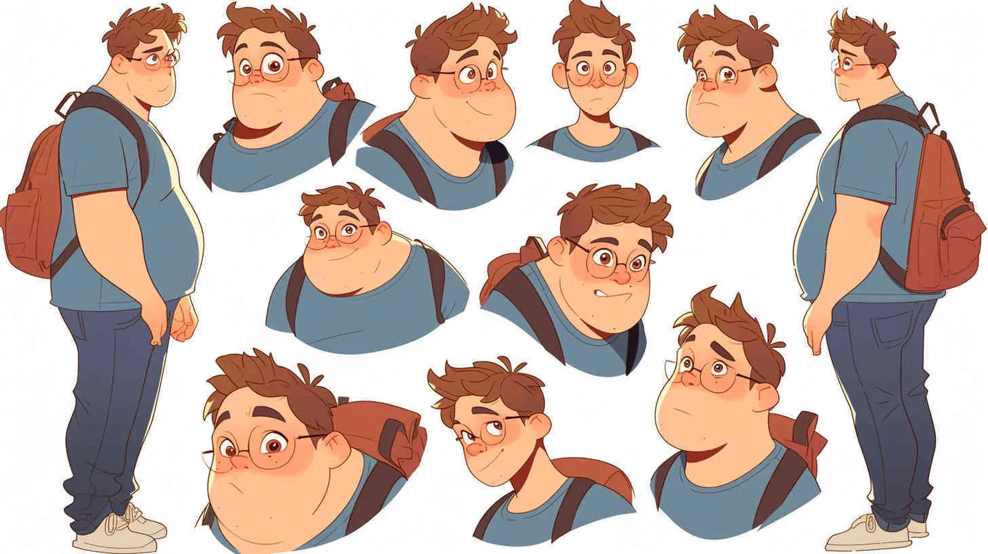 A 30-year-old man, an ordinary office worker, with large eyes that convey a sense of curiosity and enthusiasm. Slightly chubby but not overweight, with a roundish figure. Brown hair, slightly messy, giving off an approachable and humorous vibe. He wears simple and plain clothing, possibly a T-shirt and jeans, with an old-fashioned backpack slung over his shoulder,white background，character sheet, Pixar style, Disney Style, 3D design, C4D modeling,different expressions and poses，Bright Colors, LivelyAtmosphere, Blender, OC Renderer, High Detail, High Quality - style1部分
