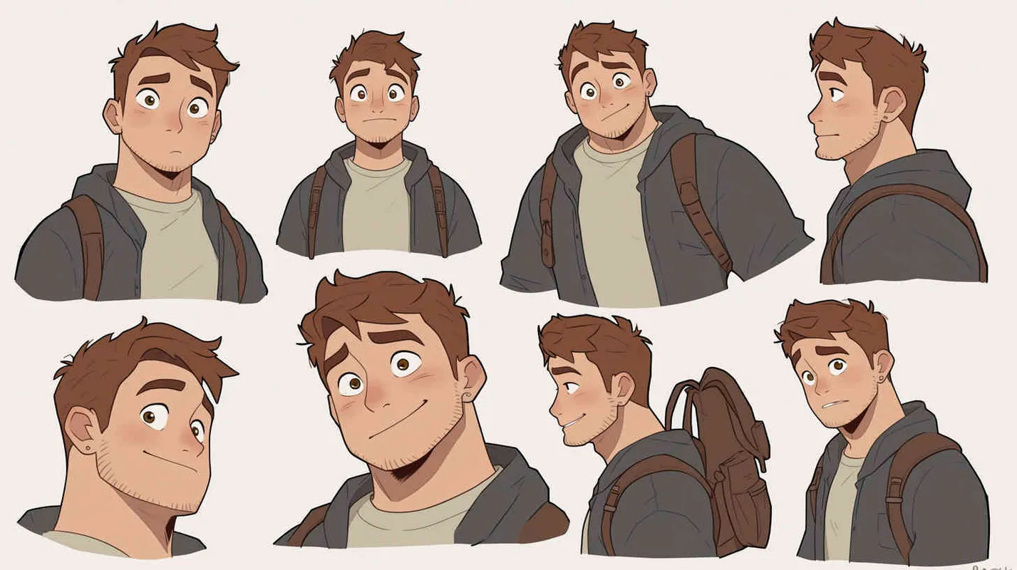 A 30-year-old man, an ordinary office worker, with large eyes that convey a sense of curiosity and enthusiasm. Slightly chubby but not overweight, with a roundish figure. Brown hair, slightly messy, giving off an approachable and humorous vibe. He wears simple and plain clothing, possibly a T-shirt and jeans, with an old-fashioned backpack slung over his shoulder,white background，character sheet, Pixar style, Disney Style, 3D design, C4D modeling,different expressions and poses，Bright Colors, LivelyAtmosphere, Blender, OC Renderer, High Detail, High Quality - style2部分