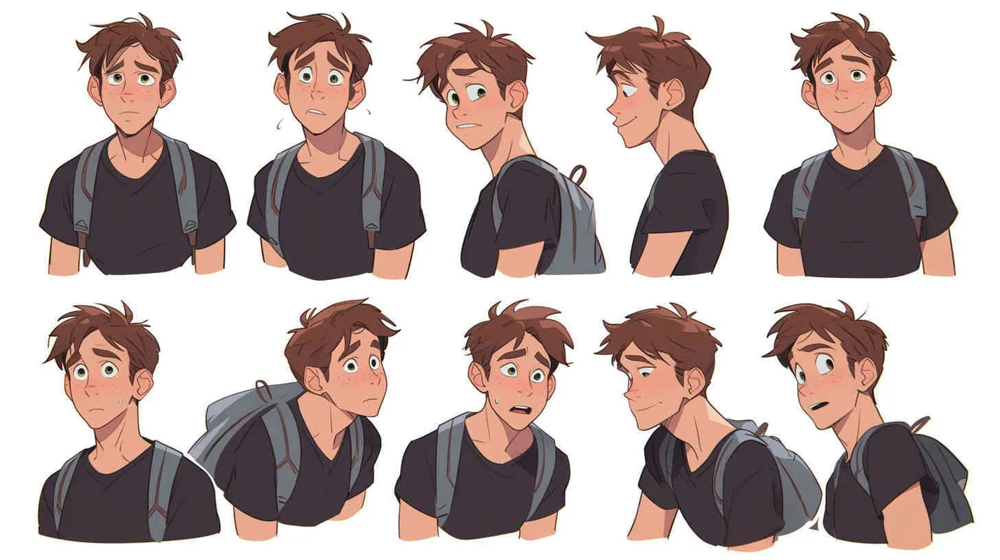 A 30-year-old man, an ordinary office worker, with large eyes that convey a sense of curiosity and enthusiasm. Slightly chubby but not overweight, with a roundish figure. Brown hair, slightly messy, giving off an approachable and humorous vibe. He wears simple and plain clothing, possibly a T-shirt and jeans, with an old-fashioned backpack slung over his shoulder,white background，character sheet, Pixar style, Disney Style, 3D design, C4D modeling,different expressions and poses，Bright Colors, LivelyAtmosphere, Blender, OC Renderer, High Detail, High Quality - style3部分