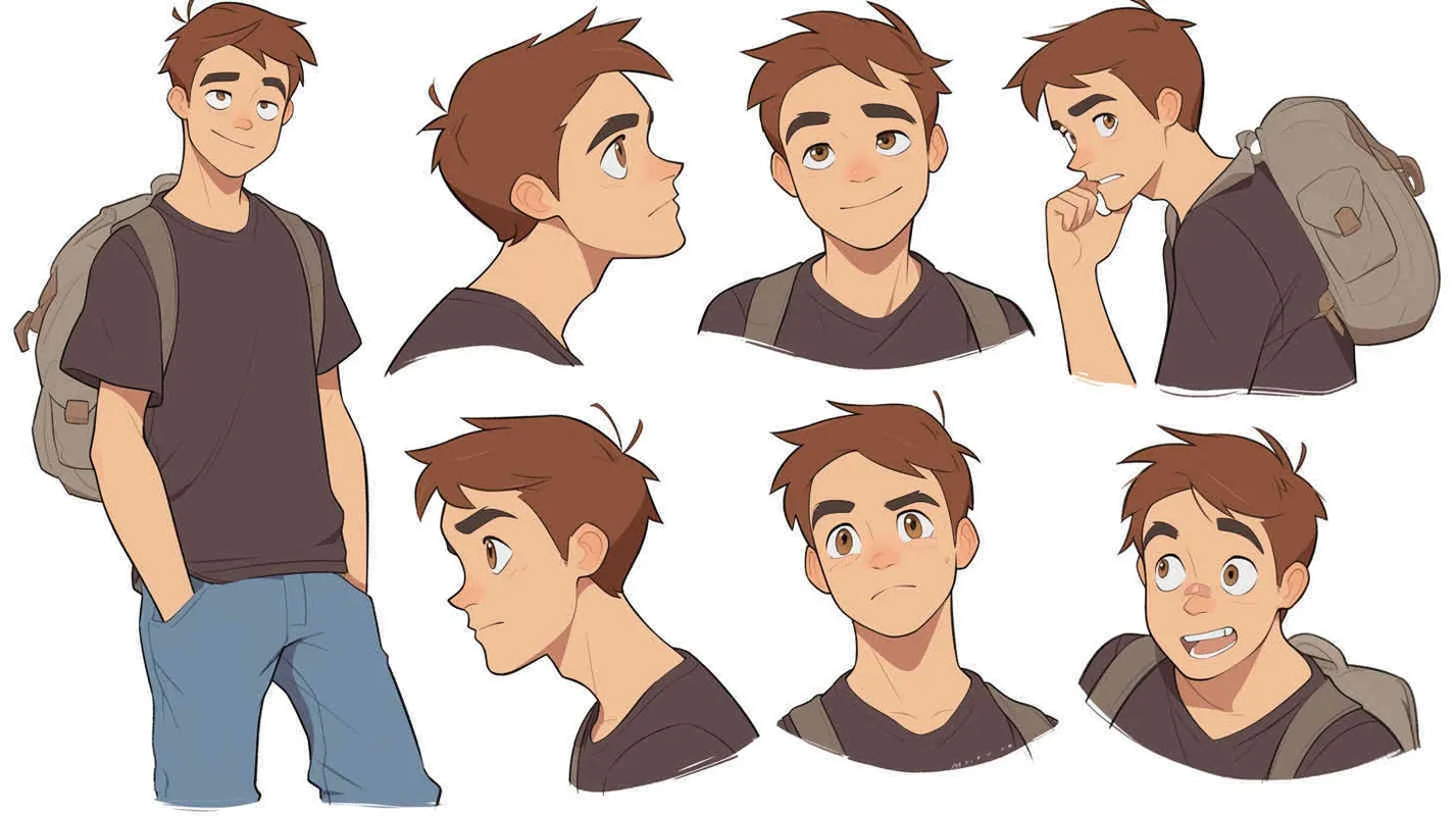 A 30-year-old man, an ordinary office worker, with large eyes that convey a sense of curiosity and enthusiasm. Slightly chubby but not overweight, with a roundish figure. Brown hair, slightly messy, giving off an approachable and humorous vibe. He wears simple and plain clothing, possibly a T-shirt and jeans, with an old-fashioned backpack slung over his shoulder,white background，character sheet, Pixar style, Disney Style, 3D design, C4D modeling,different expressions and poses，Bright Colors, LivelyAtmosphere, Blender, OC Renderer, High Detail, High Quality - style4部分