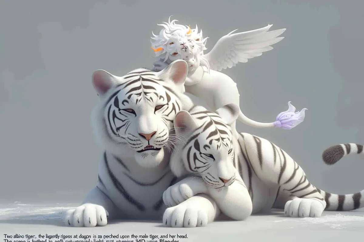 Two white tigers, the female tiger stands up and leans against the male tiger, with a white little dragon on her head，white background, natural light, 3D, C4D, Blender, OC renderer - style1部分