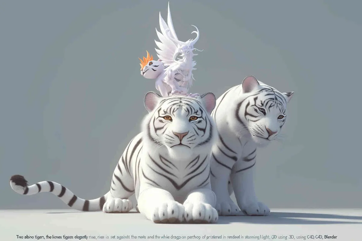 Two white tigers, the female tiger stands up and leans against the male tiger, with a white little dragon on her head，white background, natural light, 3D, C4D, Blender, OC renderer - style2部分