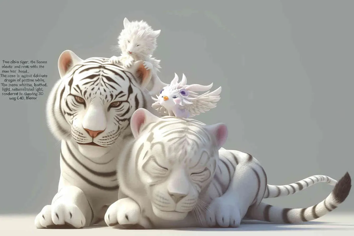 Two white tigers, the female tiger stands up and leans against the male tiger, with a white little dragon on her head，white background, natural light, 3D, C4D, Blender, OC renderer - style3部分
