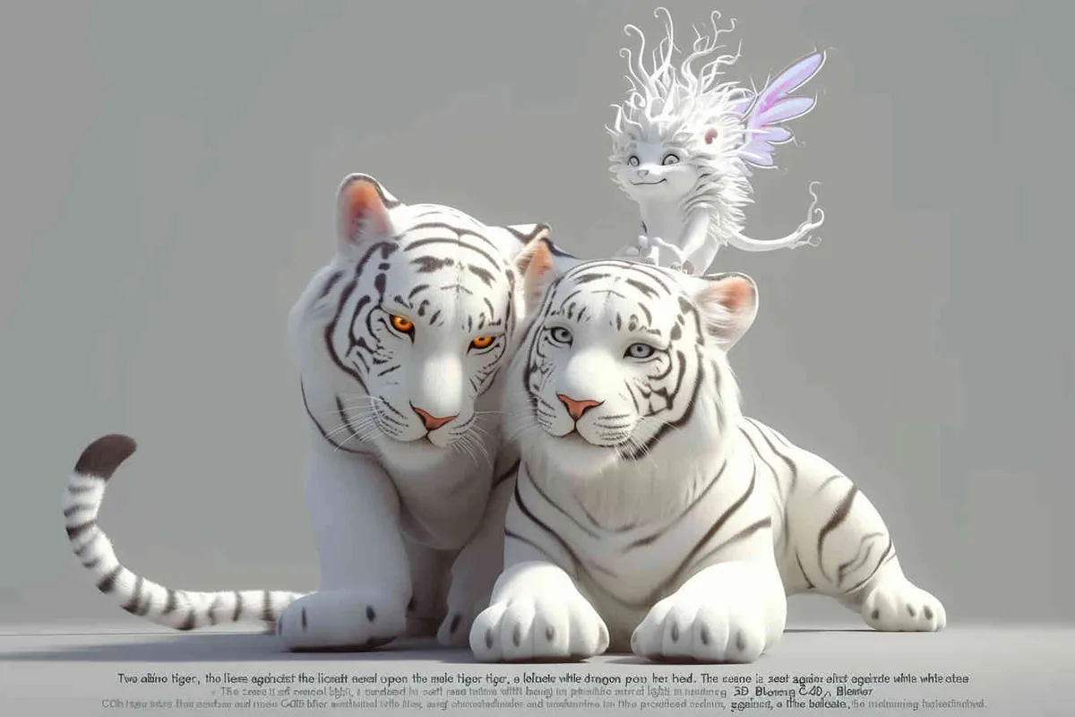 Two white tigers, the female tiger stands up and leans against the male tiger, with a white little dragon on her head，white background, natural light, 3D, C4D, Blender, OC renderer - style4部分