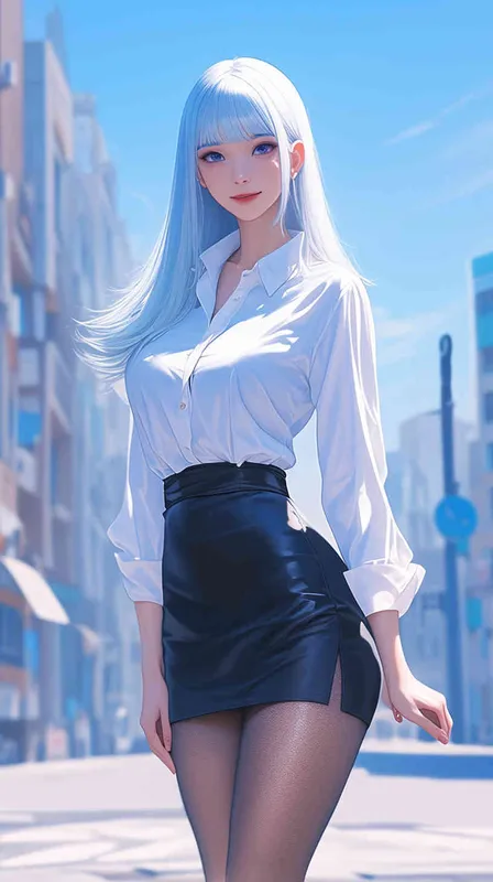 一位微笑的美丽中国女孩，留着浅蓝色的长发，穿着白色的扣紧衣领的衬衫，穿着黑色短裙，站在街道，大长腿有动漫的风格。这是一部真人照片杰作。8k,高清。 - style1部分